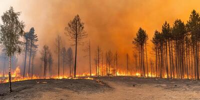 Intense forest fire with burning trees and smoky sky illustrating wildfire danger photo