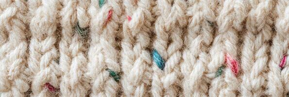 Close-up of handcrafted organic wool knitwear with multicolored yarn accents photo