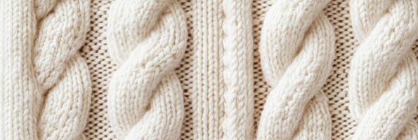 Close-up of cozy knitted wool fabric with intricate cable patterns photo
