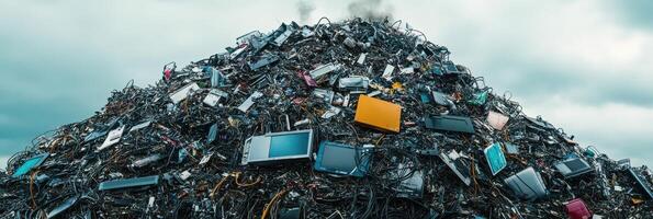 Large pile of discarded electronic and mobile devices in e-waste dumping site photo