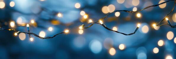 String of warm glowing fairy lights against defocused blue background for festive atmosphere photo