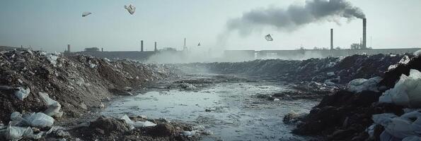 Industrial pollution and environmental waste in landfill site with factory smoke photo