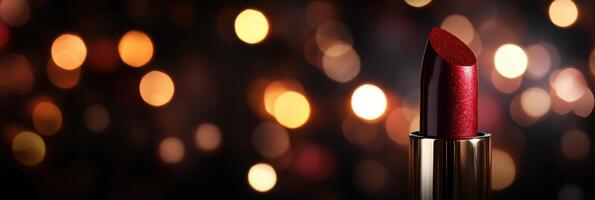 Elegant red lipstick with shimmer against blurred bokeh background photo