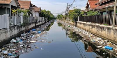 Polluted water canal amidst residential area displays urban environmental issues photo