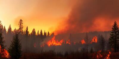 Intense forest fire in pine tree landscape with heavy smoke and bright flames photo