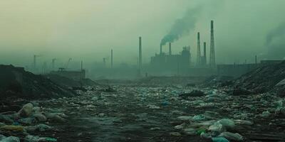 Industrial pollution scene with smoke and factory emissions in misty atmosphere photo