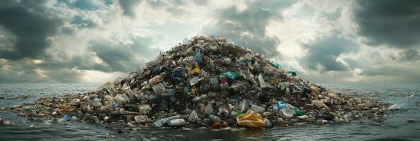 Large pile of ocean plastic pollution under cloudy sky demonstrating environmental crisis photo