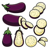 a variety of eggplants cut into shapes and arranged in different positions vector