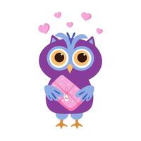 Cartoon owls with a gift and hearts. Cute bright alowl. Design of a postcard, invitation for Ventine's Day, birthday, wedding. vector