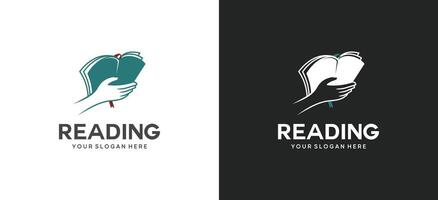 Logo illustration design of hand holding an open book, reading a book. Education book symbol vector