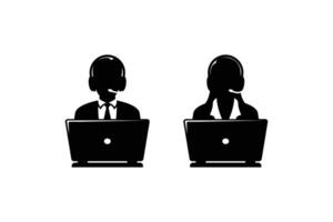 Call center operator service headset web icon design. Male and female silhouette operators vector