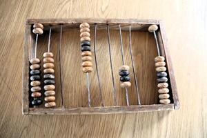 A Wooden Abacus is elegantly displayed on a Wooden Table, highlighting its charm and utility photo