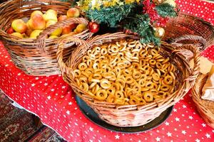 Creating a Rustic Holiday Snack Display featuring an assortment of Pretzels and Fruit Baskets photo