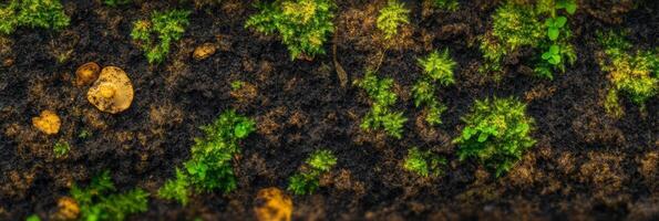 Mushrooms and green moss growth on forest soil in a natural woodland setting photo