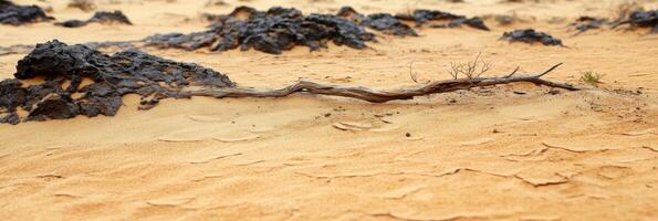 Dry desert landscape with rocks and driftwood in sandy terrain photo