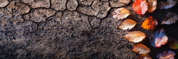 Cracked earth texture with colorful autumn leaves on dry soil surface photo
