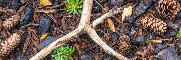 Fallen pine cones and twigs on forest ground with green sprouts and leaves photo