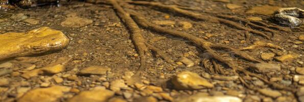 Tree roots and stones visible under clear stream water in a natural setting photo