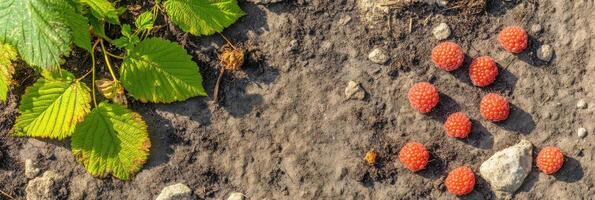 Freshly picked raspberries and green leaves on garden soil surface photo