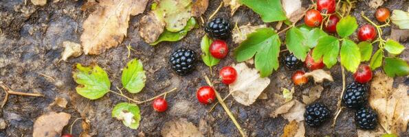 Fresh blackberries and red berries with autumn leaves in forest setting photo