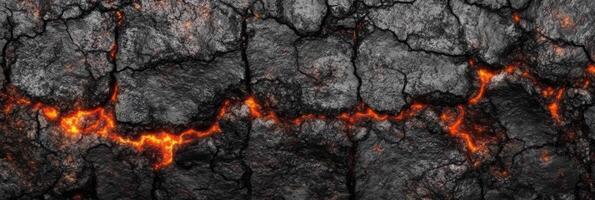 Cracked volcanic rock with glowing lava seams in a dramatic geological background photo