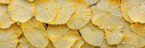 Close-up of yellow citrus slices with water droplets highlighting freshness photo