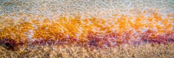 Vibrant shoreline with sunlit ripples and colorful sand patterns captured in nature photo