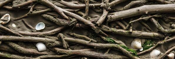Driftwood and seashells intertwined on sandy shore captured in nature close-up photo