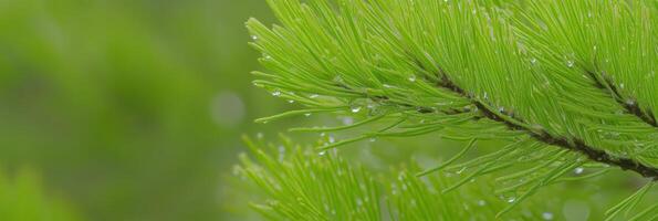 Fresh green pine needles with dewdrops in a natural background photo