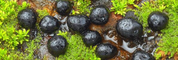 Wet black stones surrounded by greenery on a mossy surface in nature photo