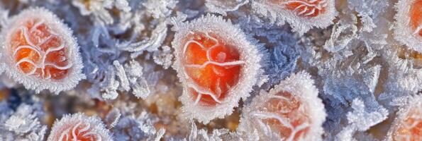 Macro view of frost covered red berries in crystal ice patterns in winter photo