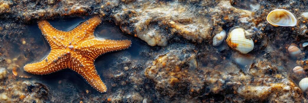 Starfish with textured shells and rocks in tidal pool at low tide on rocky beach photo