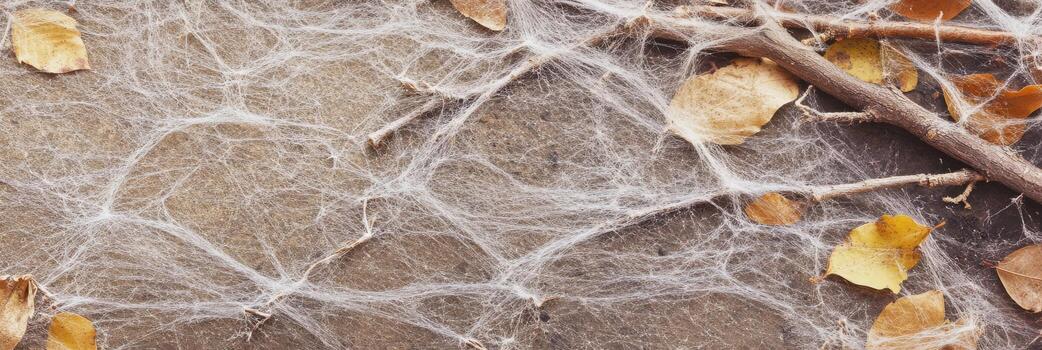 Intricate white fungal mycelium network on forest floor with fallen leaves and branches photo
