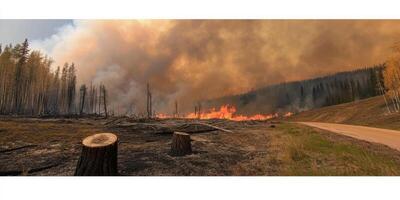 Intense forest fire with thick smoke and flames in woodland area photo