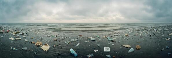 Ocean pollution with plastic debris scattered on a beach under cloudy sky concept photo