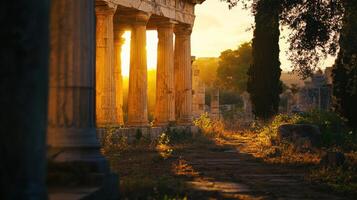 Ancient ruins with sunlight shining through classic columns at sunset photo