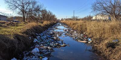 Polluted water canal surrounded by litter and dry vegetation under clear sky photo