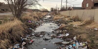 Polluted urban waterway filled with trash and debris highlighting environmental challenges photo