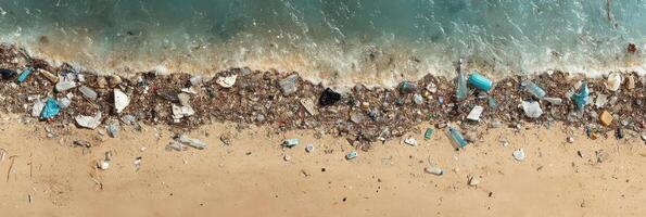 Aerial view of polluted beach with litter and plastic waste along shoreline photo