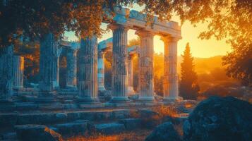 Ancient greek ruins with stone columns and trees at sunset in historical site photo