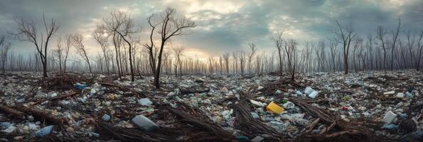 Bleak landscape of pollution and waste in forest with bare trees and overcast sky photo