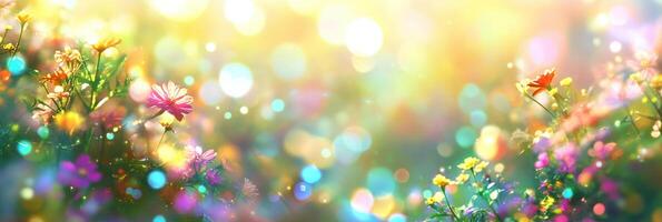 Colorful wildflower meadow with bright sunlight and bokeh effect photo