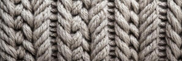 Detailed close-up of thick woolen knitted texture in neutral gray tones photo