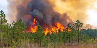 Intense forest fire raging among trees with billowing smoke and flames photo