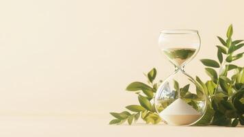 Hourglass with flowing sand surrounded by green leaves indicating passage of time photo