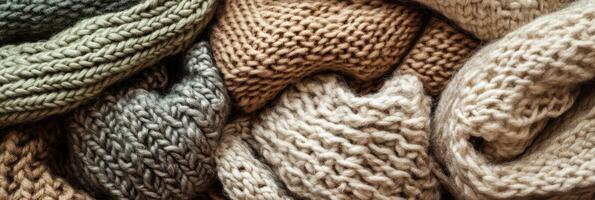 Texture of various soft knitted yarn fabrics in earthy tones for warm clothing photo