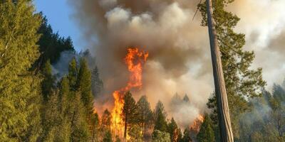 Dramatic forest fire scene with intense flames and thick smoke in evergreen trees photo
