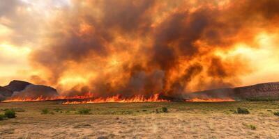 Intense wildfire in desert landscape with thick smoke and flames under orange sky photo