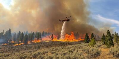 Helicopter dropping water on forest fire with intense smoke in wilderness environment photo