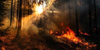 Intense forest fire raging at sunset creating dramatic light and shadow effects photo